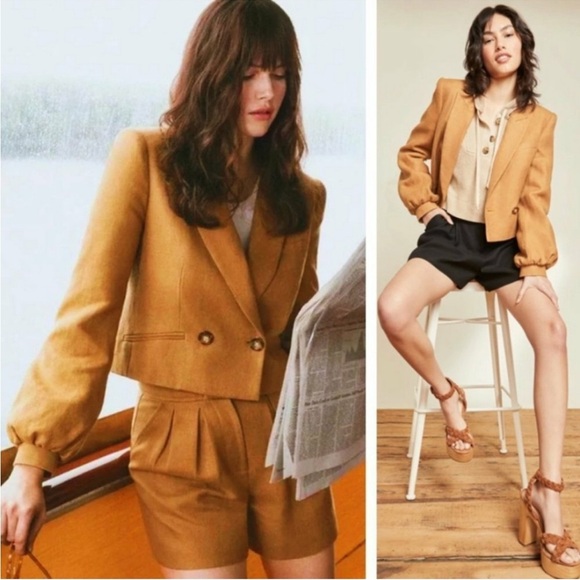 VERONICA BEARD | Milani Cropped Linen Blazer Jacket Camel Tan Size 8 - Picture 1 of 13